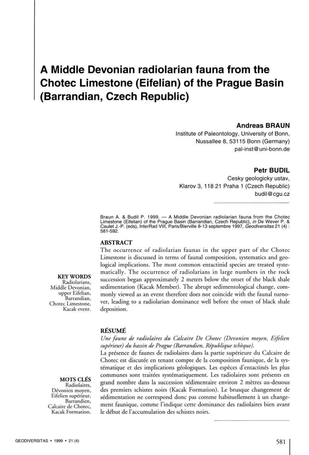 A Middle Devonian Radiolarian Fauna from the Chotec Limestone (Eifelian) of the Prague Basin (Barrandian, Czech Republic)