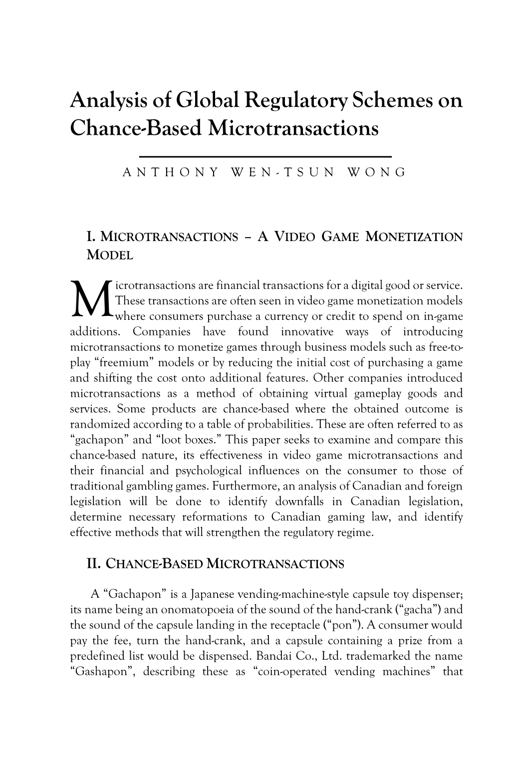 Analysis of Global Regulatory Schemes on Chance-Based Microtransactions