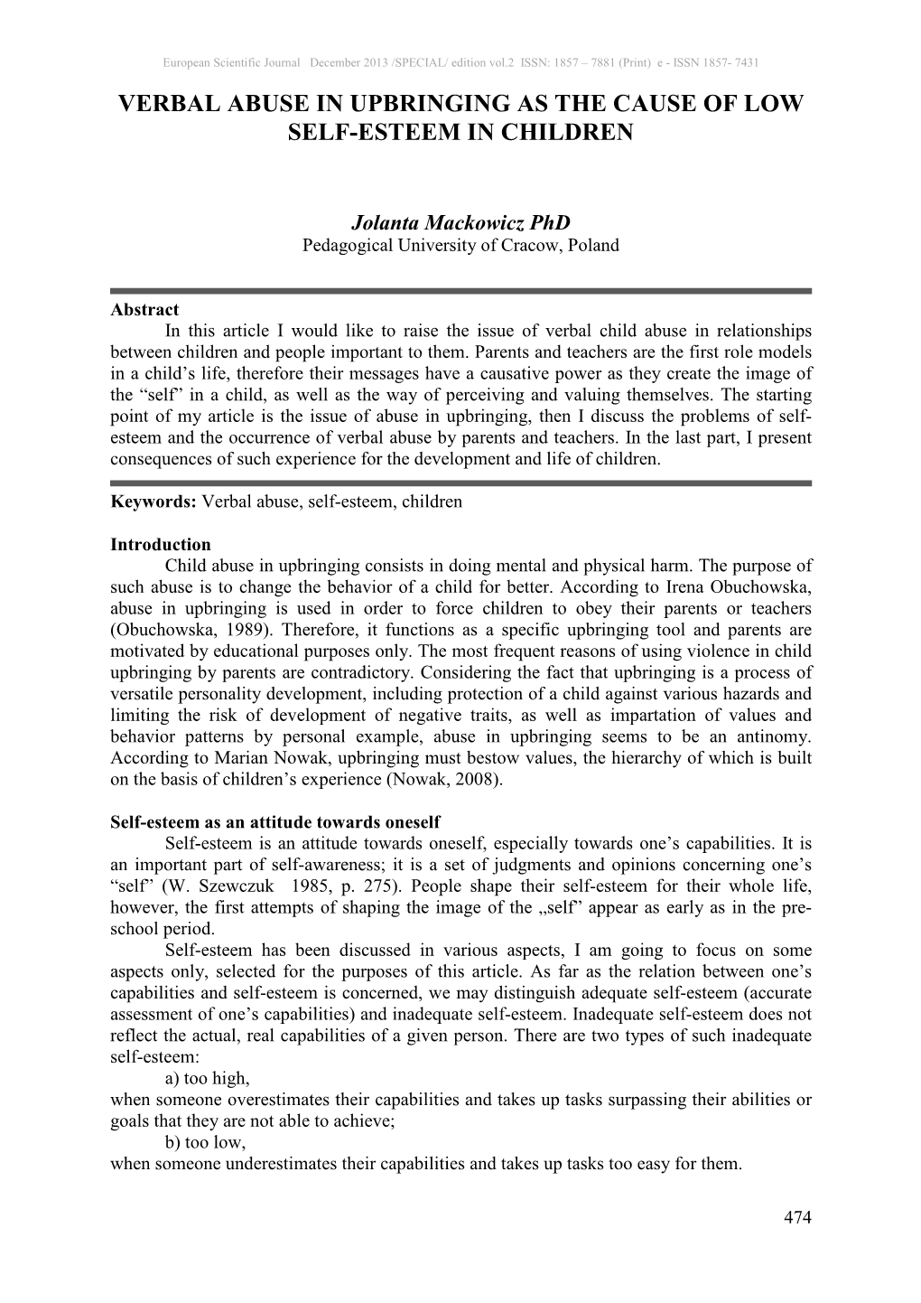 Verbal Abuse in Upbringing As the Cause of Low Self-Esteem in Children