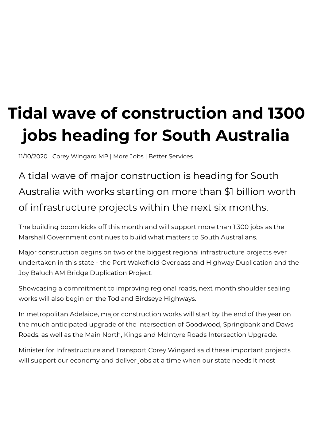 Tidal Wave of Construction and 1300 Jobs Heading for South Australia