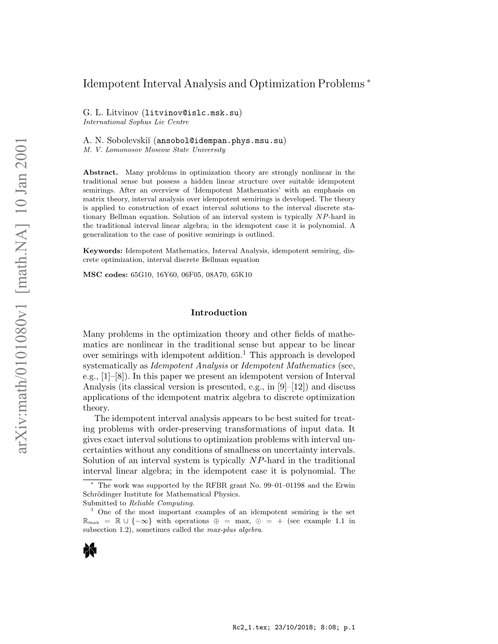 [Math.NA] 10 Jan 2001 Plctoso H Dmoetmti Ler Odsrt O Discrete to Algebra [9]– Matrix Theory