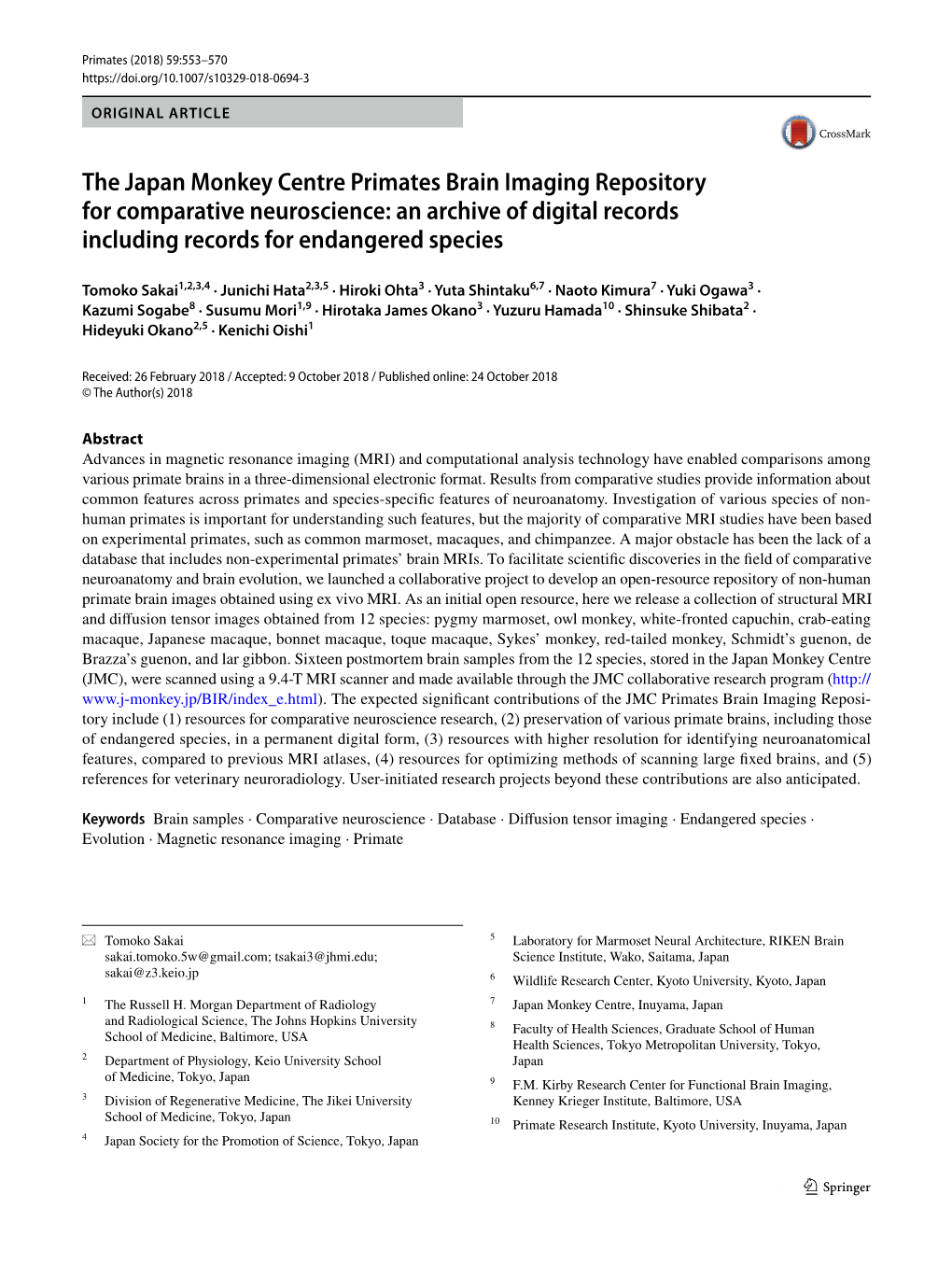 The Japan Monkey Centre Primates Brain Imaging Repository for Comparative Neuroscience: an Archive of Digital Records Including Records for Endangered Species