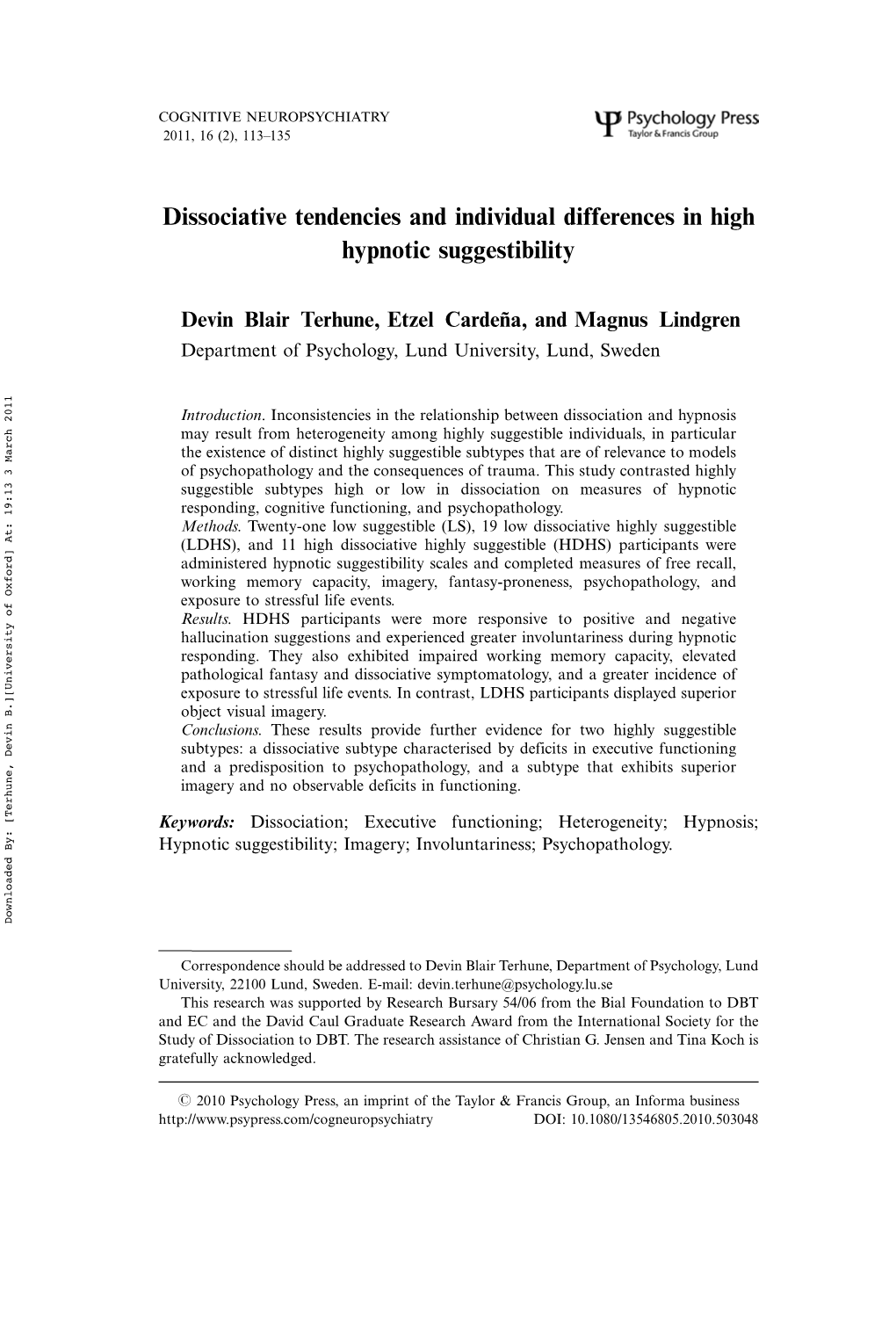 Dissociative Tendencies and Individual Differences in High Hypnotic Suggestibility
