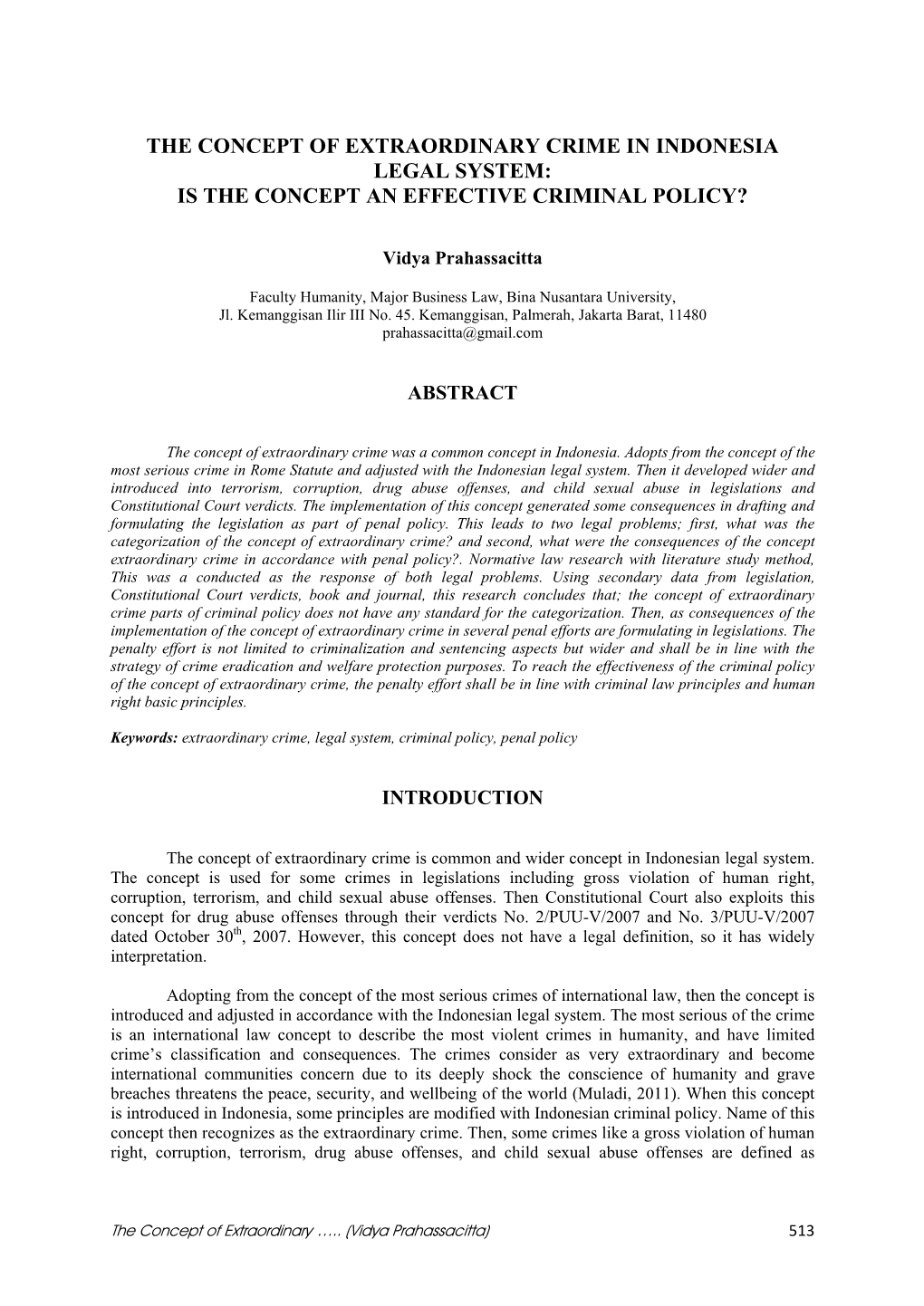 The Concept of Extraordinary Crime in Indonesia Legal System: Is the Concept an Effective Criminal Policy?