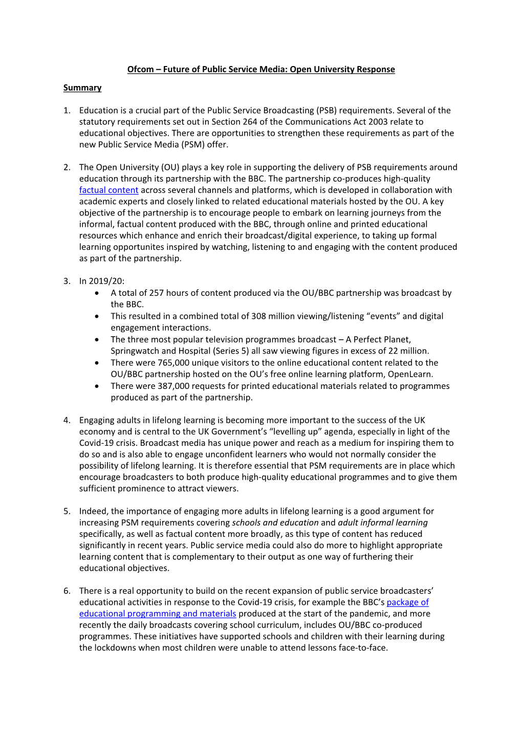 Future of Public Service Media: Open University Response Summary