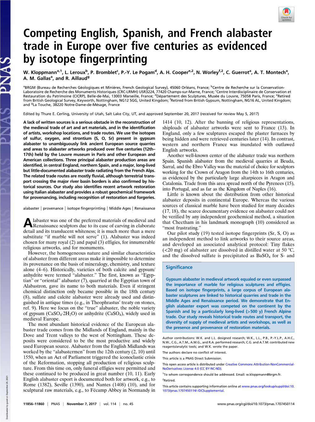 Competing English, Spanish, and French Alabaster Trade in Europe Over Five Centuries As Evidenced by Isotope Fingerprinting