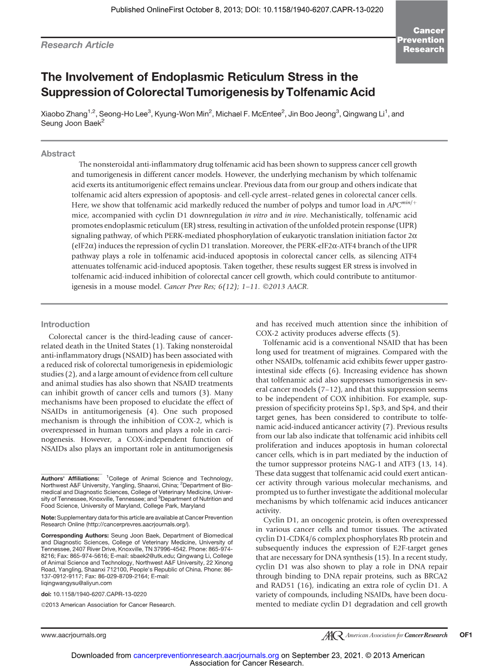 The Involvement of Endoplasmic Reticulum Stress in the Suppression of Colorectal Tumorigenesis by Tolfenamic Acid