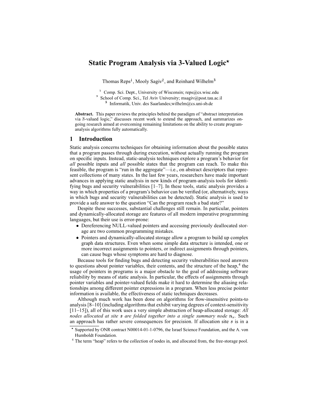 Static Program Analysis Via 3-Valued Logic