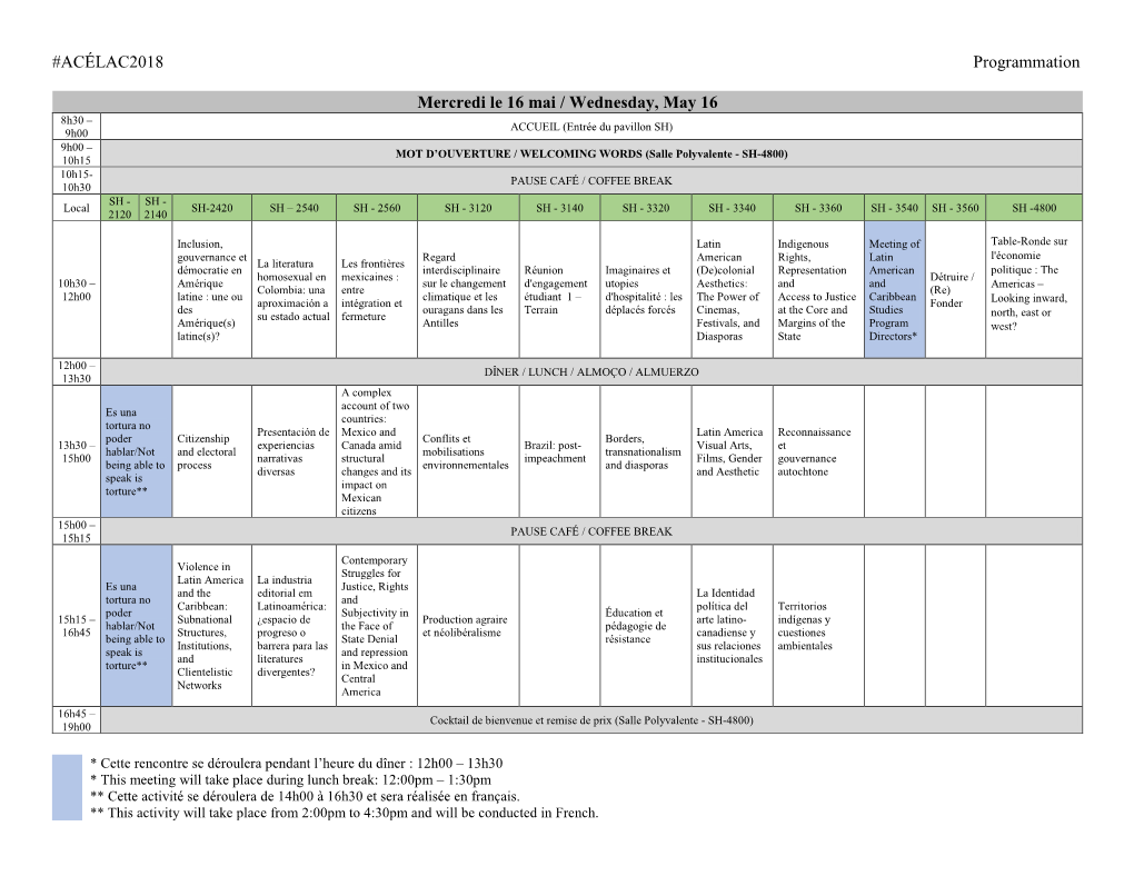 ACÉLAC2018 Programmation Mercredi Le 16 Mai