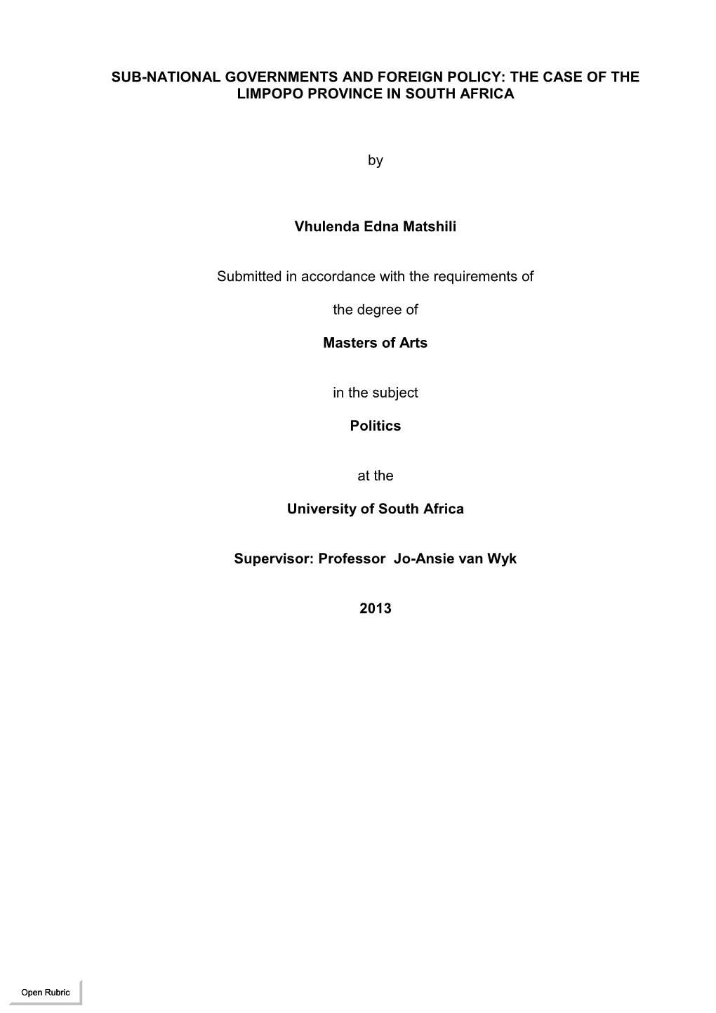 Sub-National Governments and Foreign Policy: the Case of the Limpopo Province in South Africa