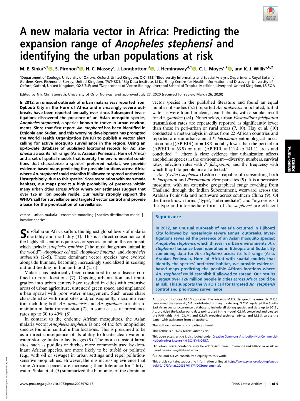 A New Malaria Vector in Africa: Predicting the Expansion Range of Anopheles Stephensi and Identifying the Urban Populations at Risk