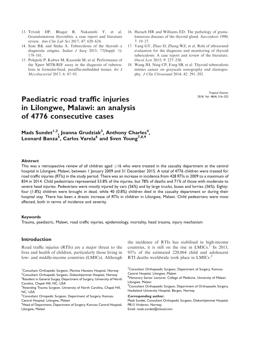 Paediatric Road Traffic Injuries in Lilongwe, Malawi