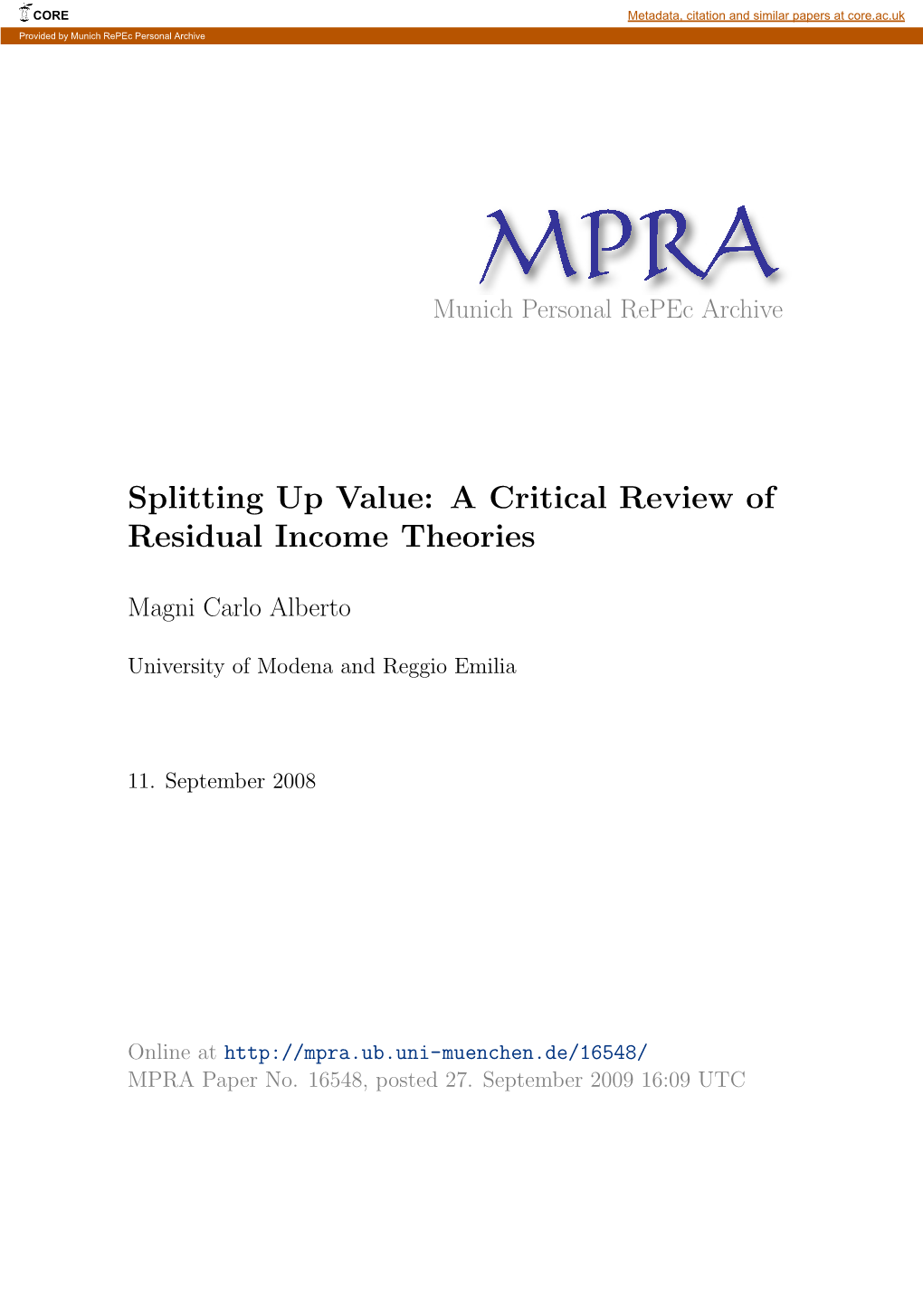 Splitting up Value: a Critical Review of Residual Income Theories