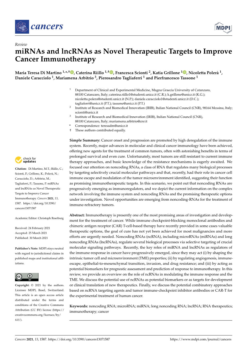 Mirnas and Lncrnas As Novel Therapeutic Targets to Improve Cancer Immunotherapy