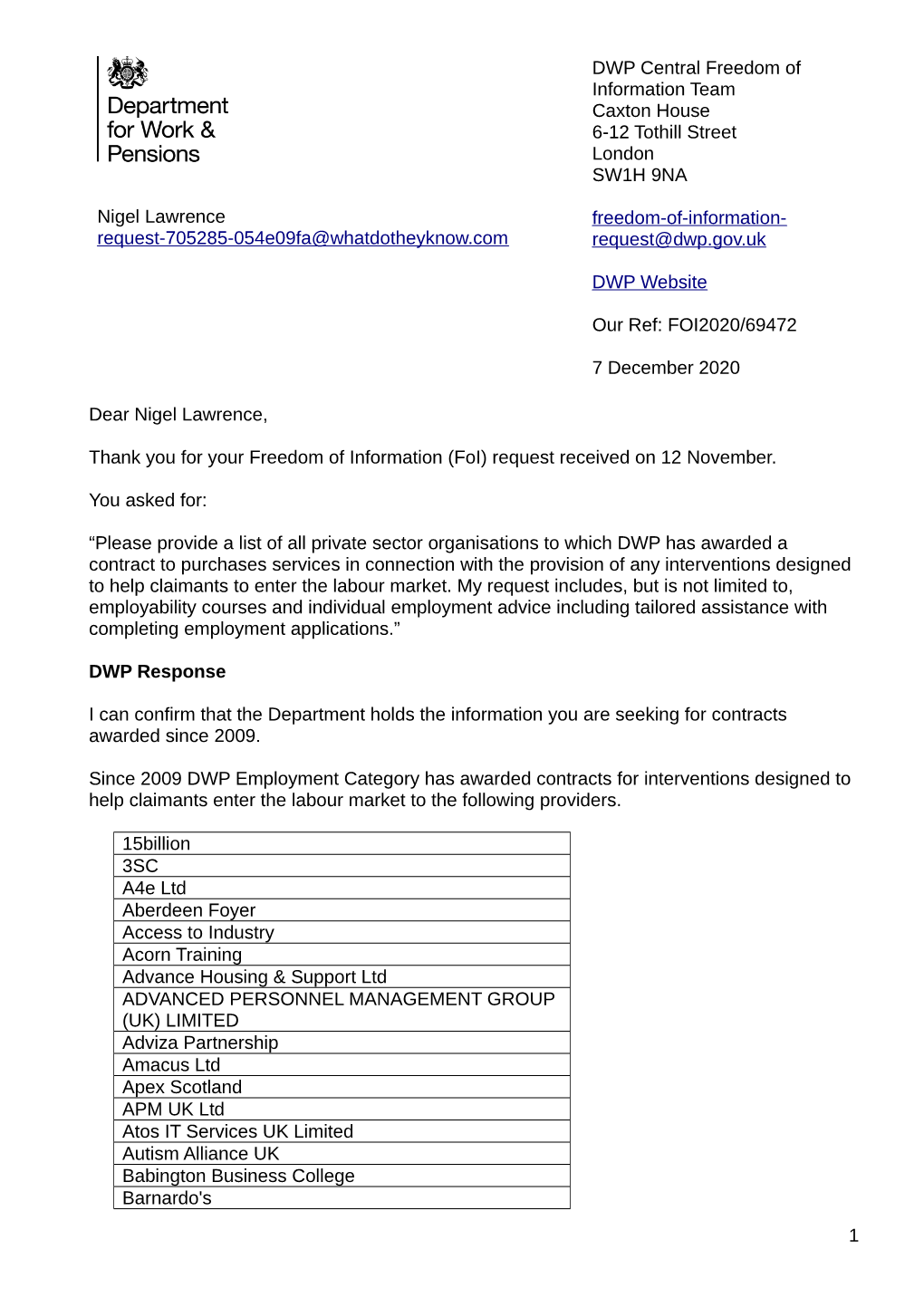 Nigel Lawrence Request-705285-054E09fa@Whatdotheyknow.Com DWP Central Freedom of Information Team Caxton House 6-12 Tothill Stre