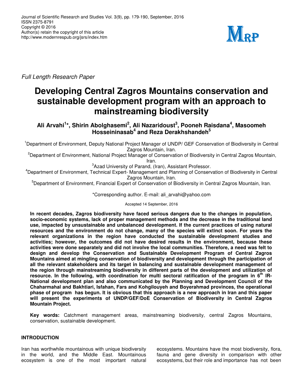 Developing Central Zagros Mountains Conservation and Sustainable Development Program with an Approach to Mainstreaming Biodiversity