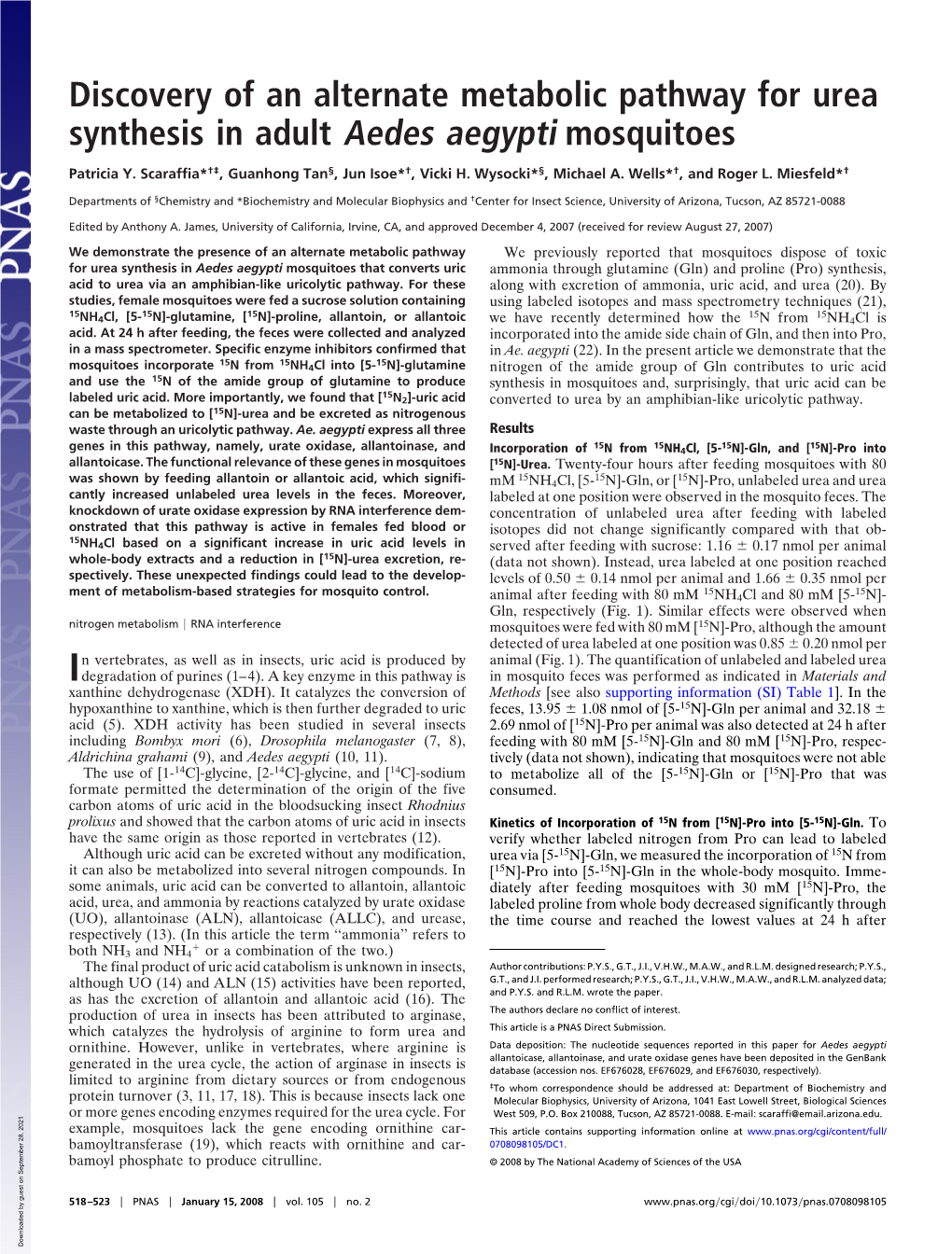 Discovery of an Alternate Metabolic Pathway for Urea Synthesis in Adult Aedes Aegypti Mosquitoes