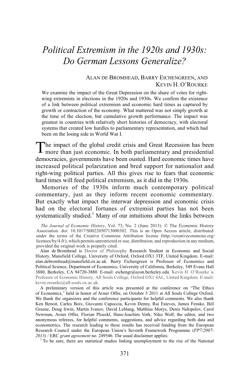 Political Extremism in the 1920S and 1930S: Do German Lessons Generalize?G 