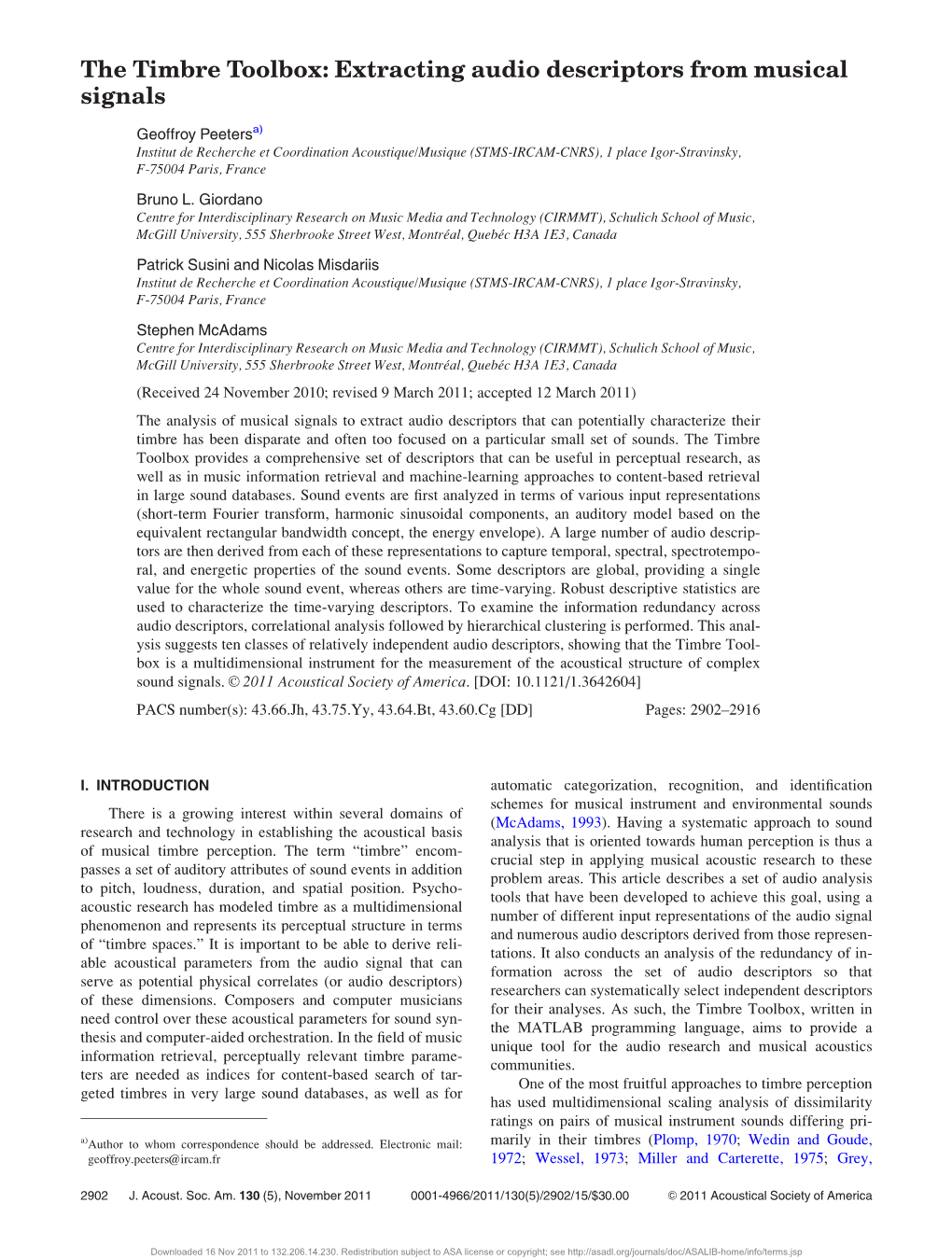 The Timbre Toolbox: Extracting Audio Descriptors from Musical Signals