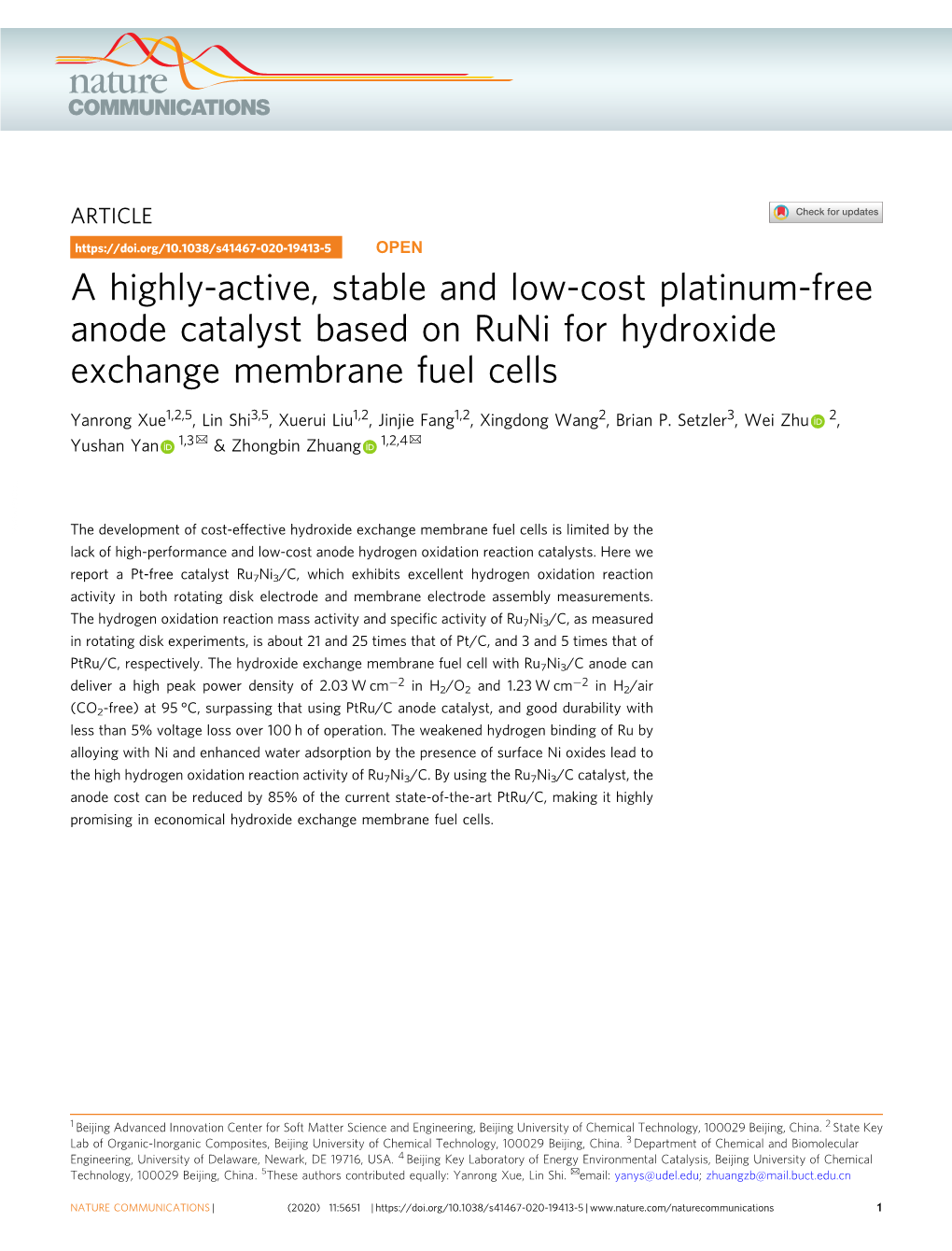 A Highly-Active, Stable and Low-Cost Platinum-Free Anode Catalyst Based on Runi for Hydroxide Exchange Membrane Fuel Cells