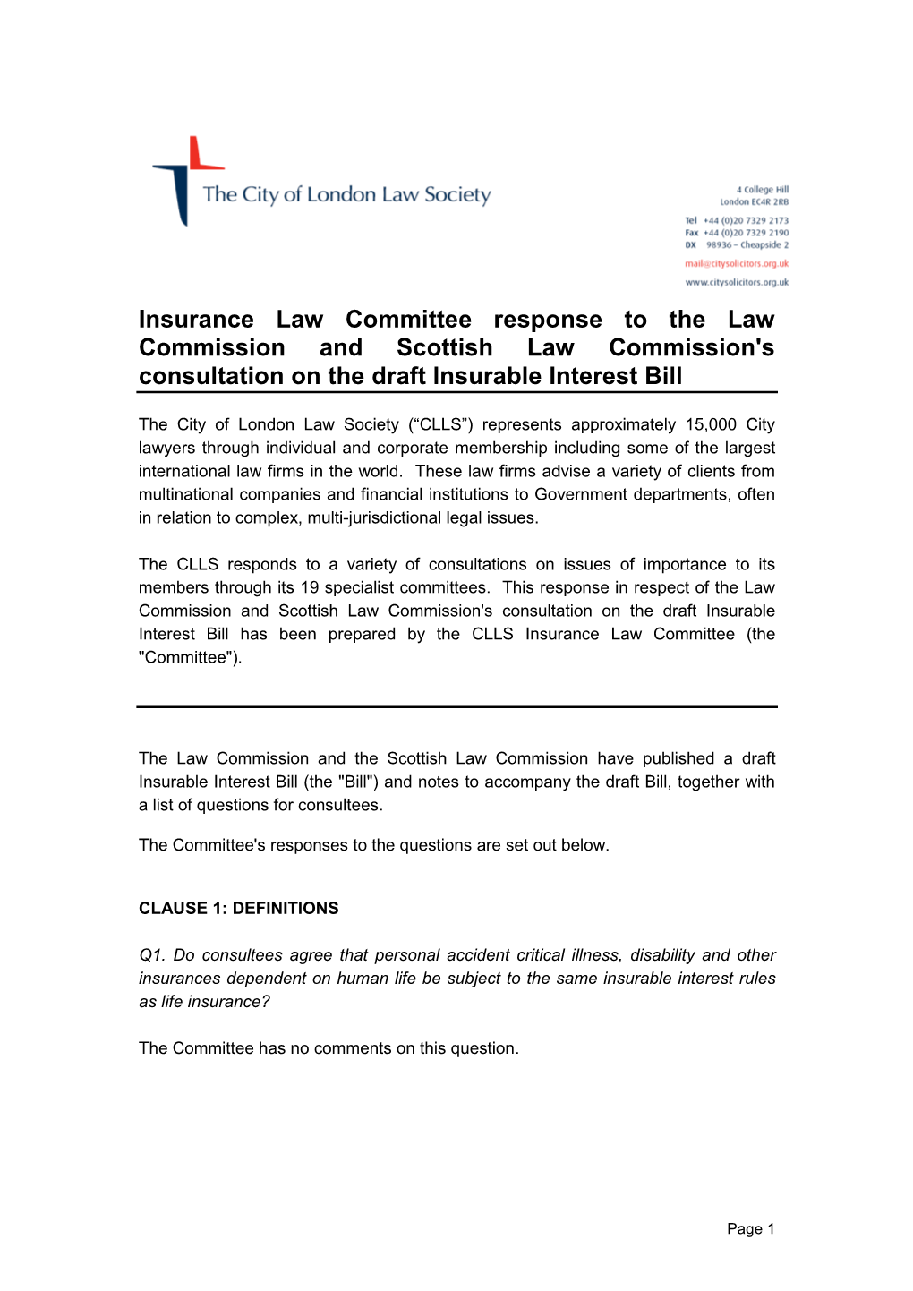 Insurance Law Committee Response to the Law Commission and Scottish Law Commission's Consultation on the Draft Insurable Interest Bill