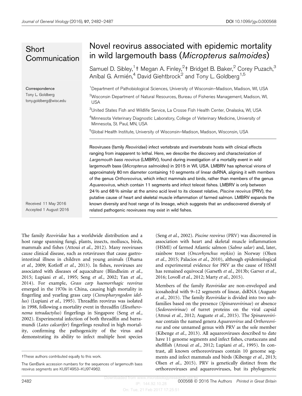 Novel Reovirus Associated with Epidemic Mortality in Wild Largemouth Bass