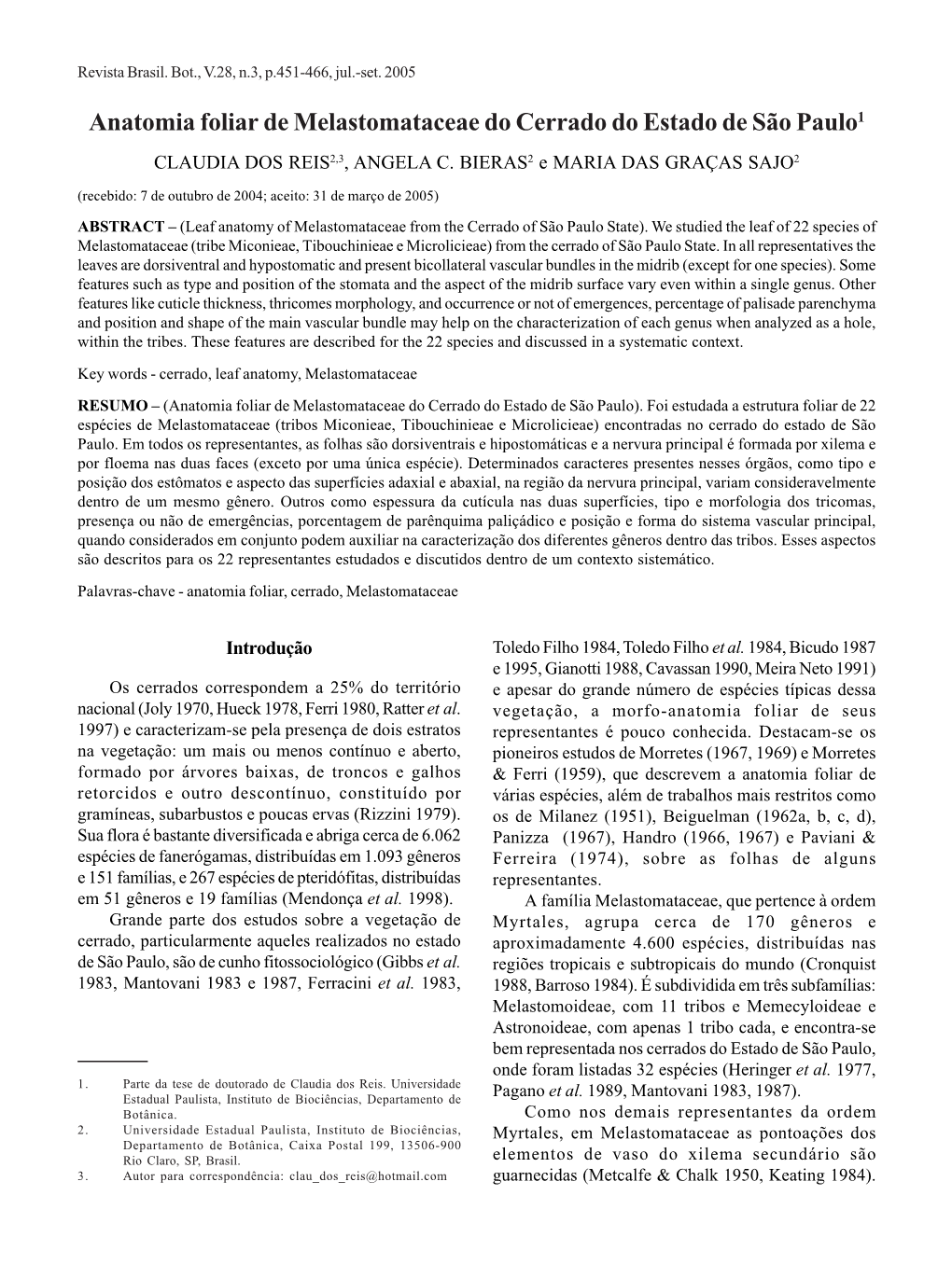 Anatomia Foliar De Melastomataceae Do Cerrado Do Estado De São Paulo1 CLAUDIA DOS REIS2,3, ANGELA C