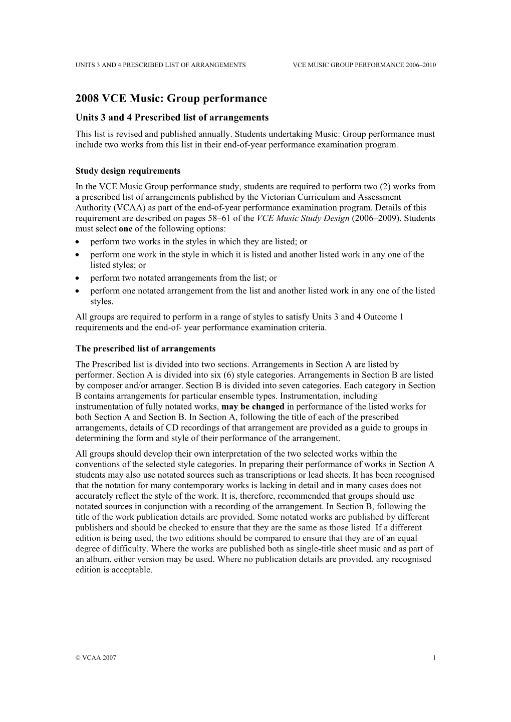 VCE Music Group Performance Prescribed List of Arrangements 2008