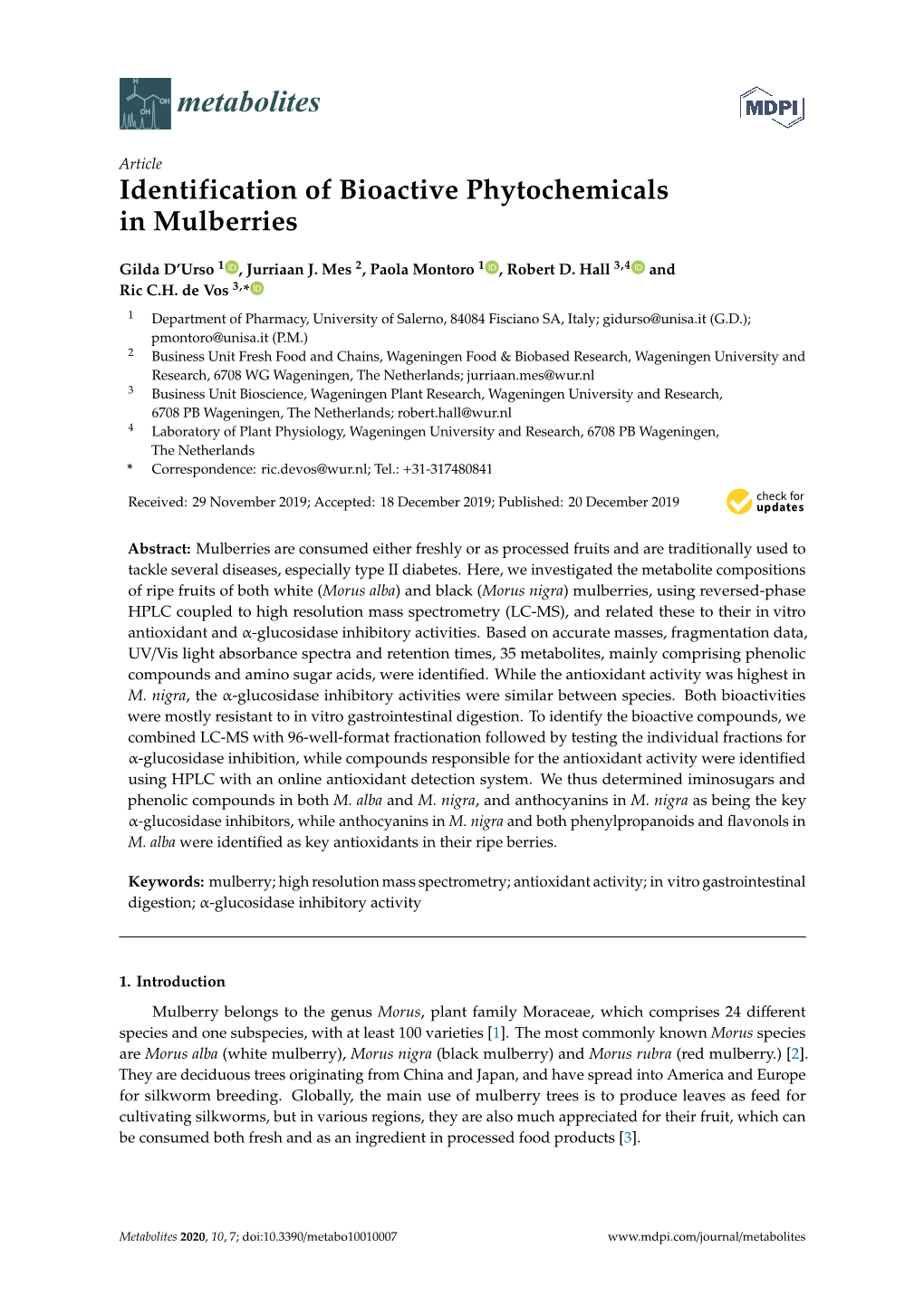 Identification of Bioactive Phytochemicals in Mulberries