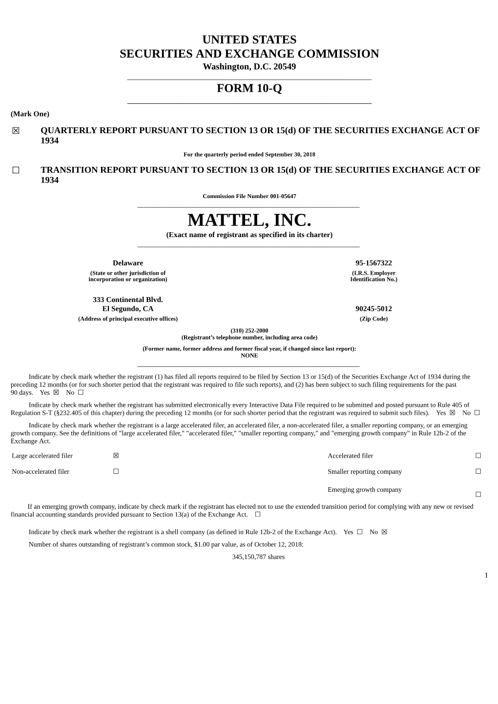 MATTEL, INC. (Exact Name of Registrant As Specified in Its Charter) ______