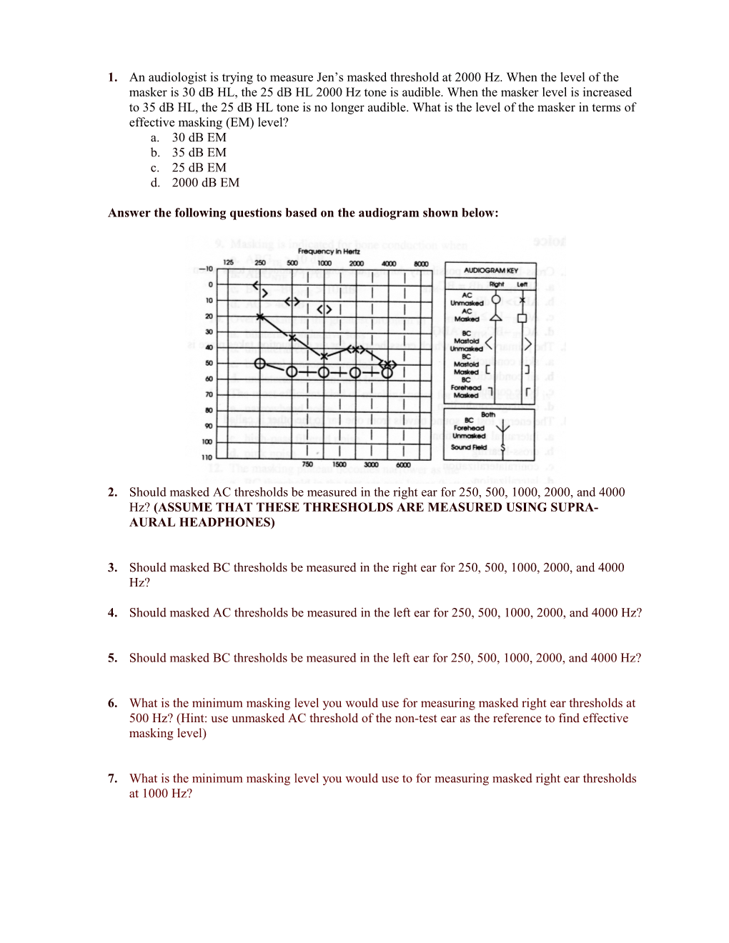 Answer the Following Questions Based on the Audiogram Shown Below