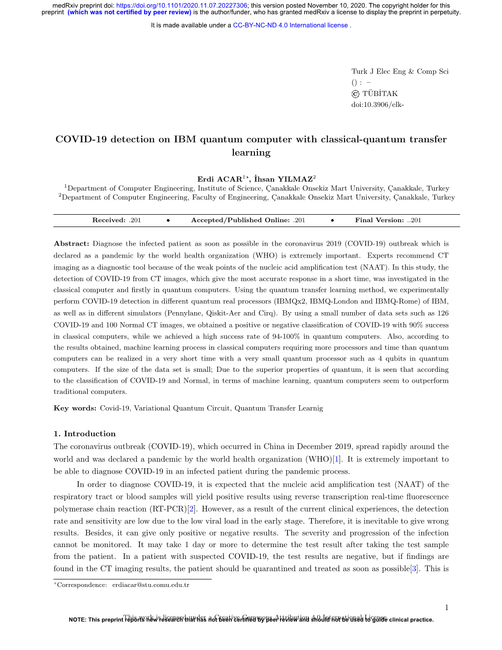 COVID-19 Detection on IBM Quantum Computer with Classical-Quantum Transfer Learning