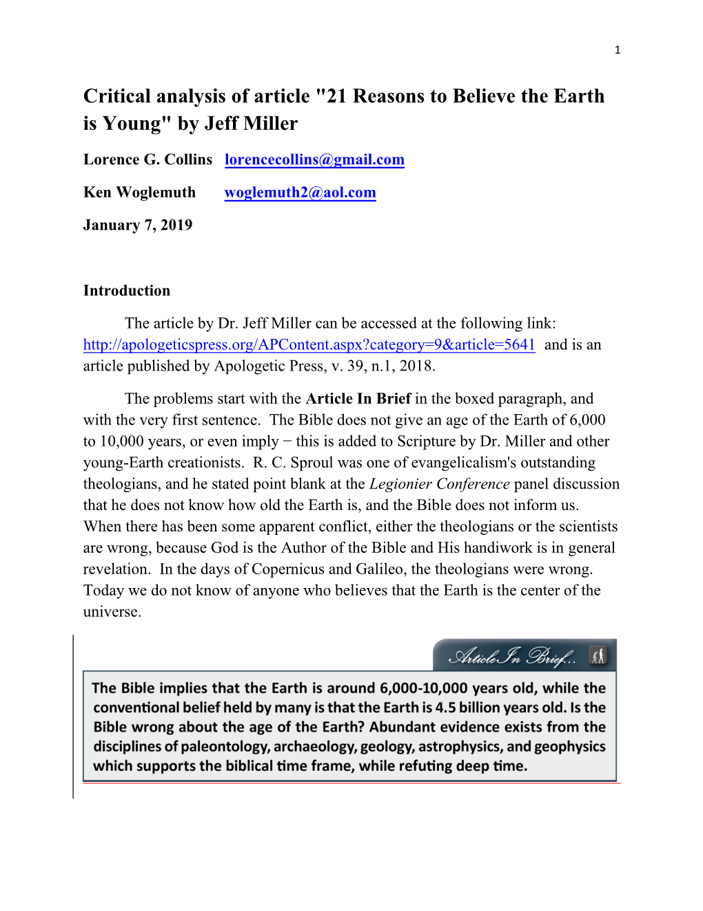 Critical Analysis of Article "21 Reasons to Believe the Earth Is Young" by Jeff Miller