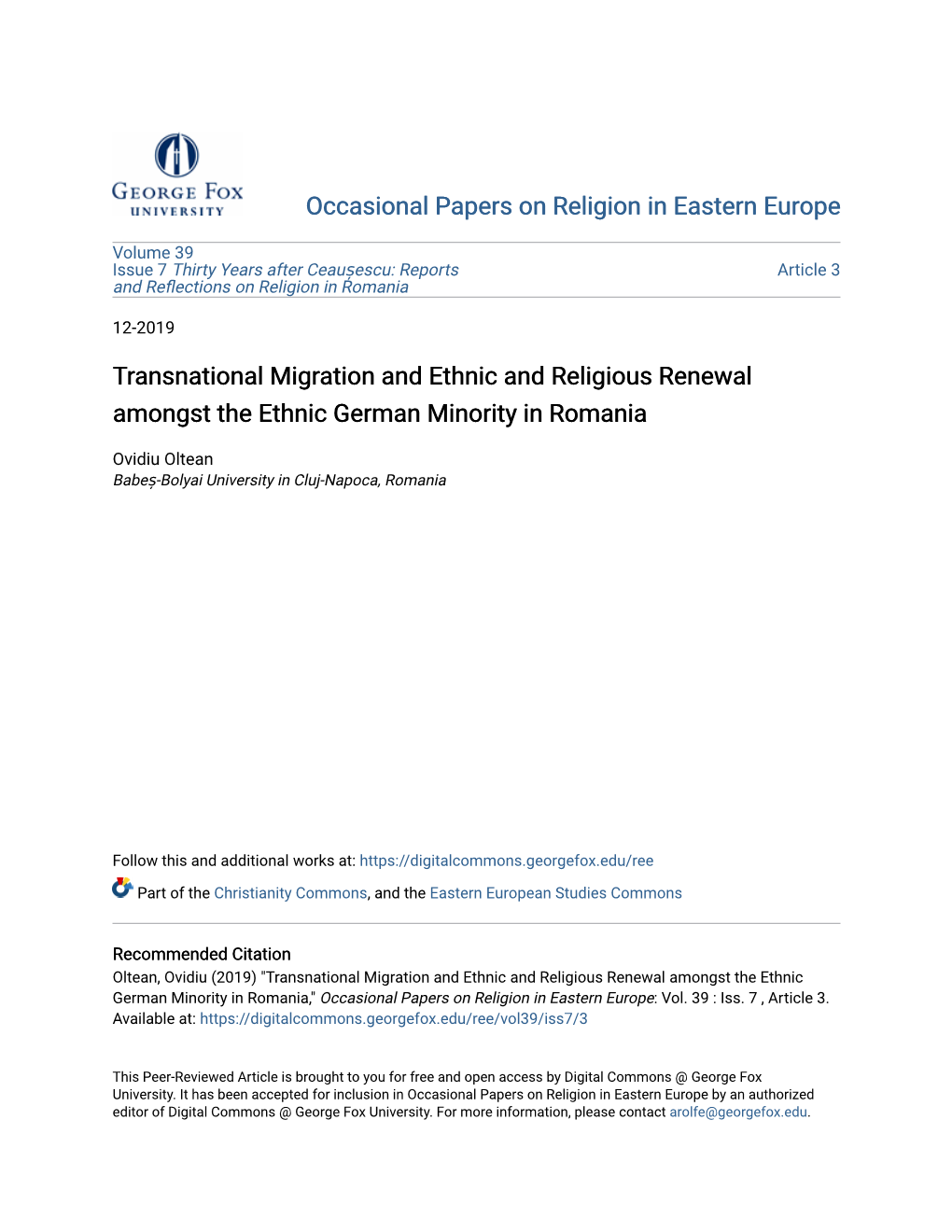 Transnational Migration and Ethnic and Religious Renewal Amongst the Ethnic German Minority in Romania