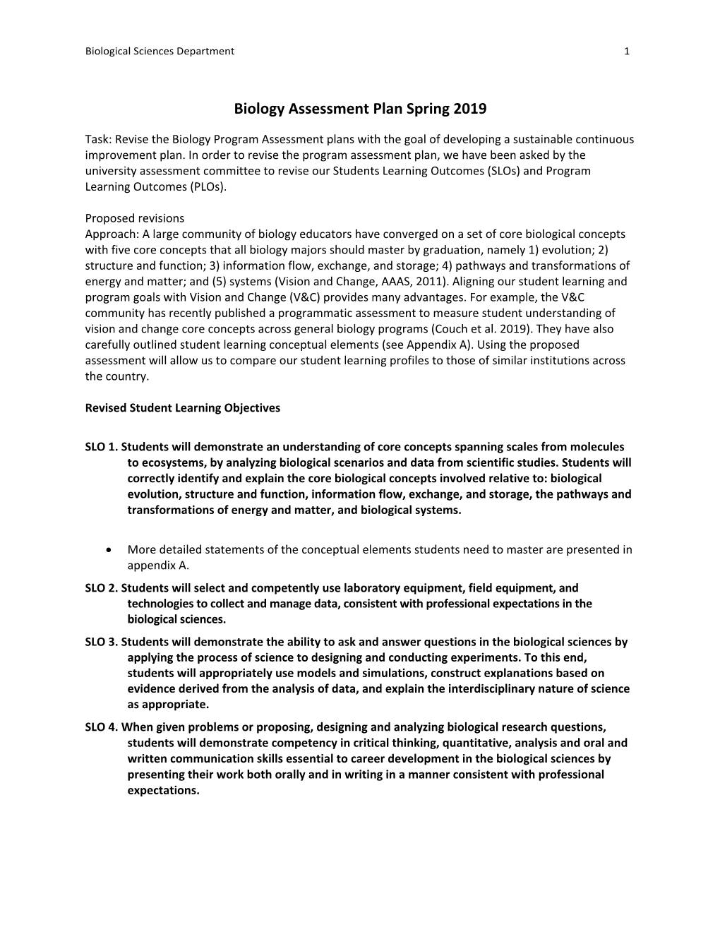 Biology Assessment Plan Spring 2019