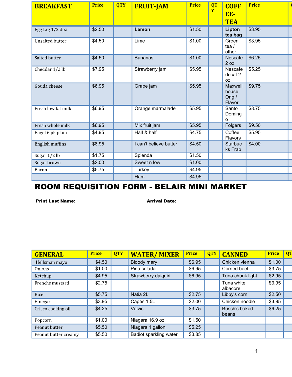 Room Requisition Form - Belair Mini Market