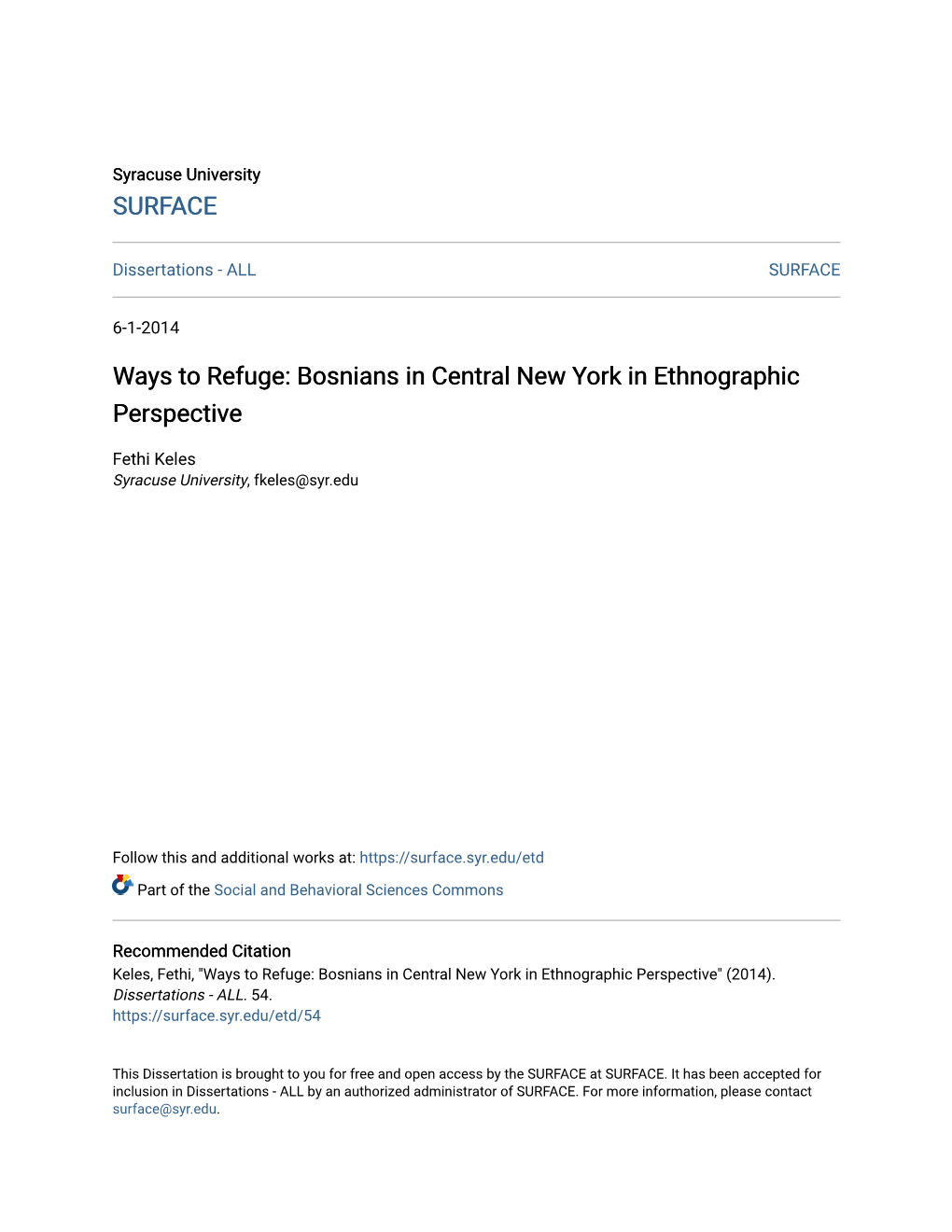 Bosnians in Central New York in Ethnographic Perspective