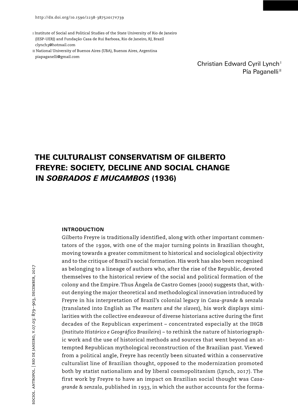 The Culturalist Conservatism of Gilberto Freyre: Society, Decline and Social Change in Sobrados E Mucambos (1936)