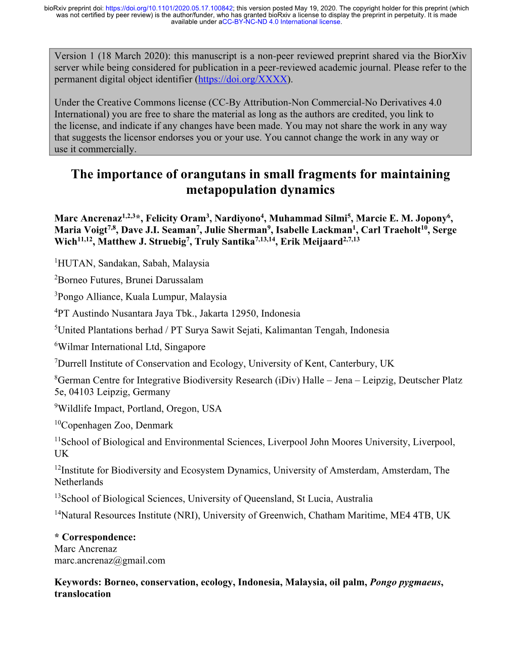 The Importance of Orangutans in Small Fragments for Maintaining Metapopulation Dynamics