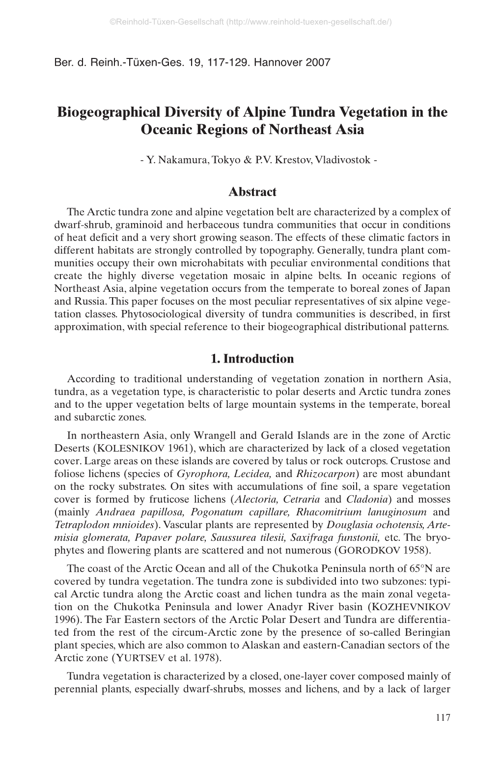 Biogeographical Diversity of Alpine Tundra Vegetation in the Oceanic Regions of Northeast Asia