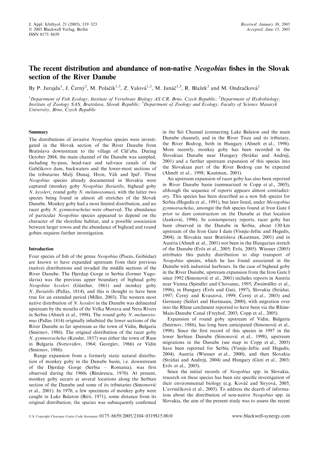 The Recent Distribution and Abundance of Non-Native Neogobius Fishes in the Slovak Section of the River Danube