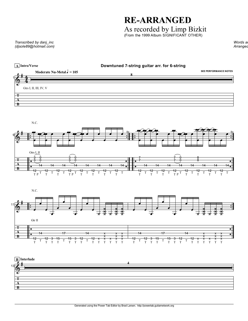 Limp Bizkit (From the 1999 Album SIGNIFICANT OTHER) Transcribed by Danj Inc Words and Music by Limp Bizkit (Djsole89@Hotmail.Com) Arranged by Limp Bizkit