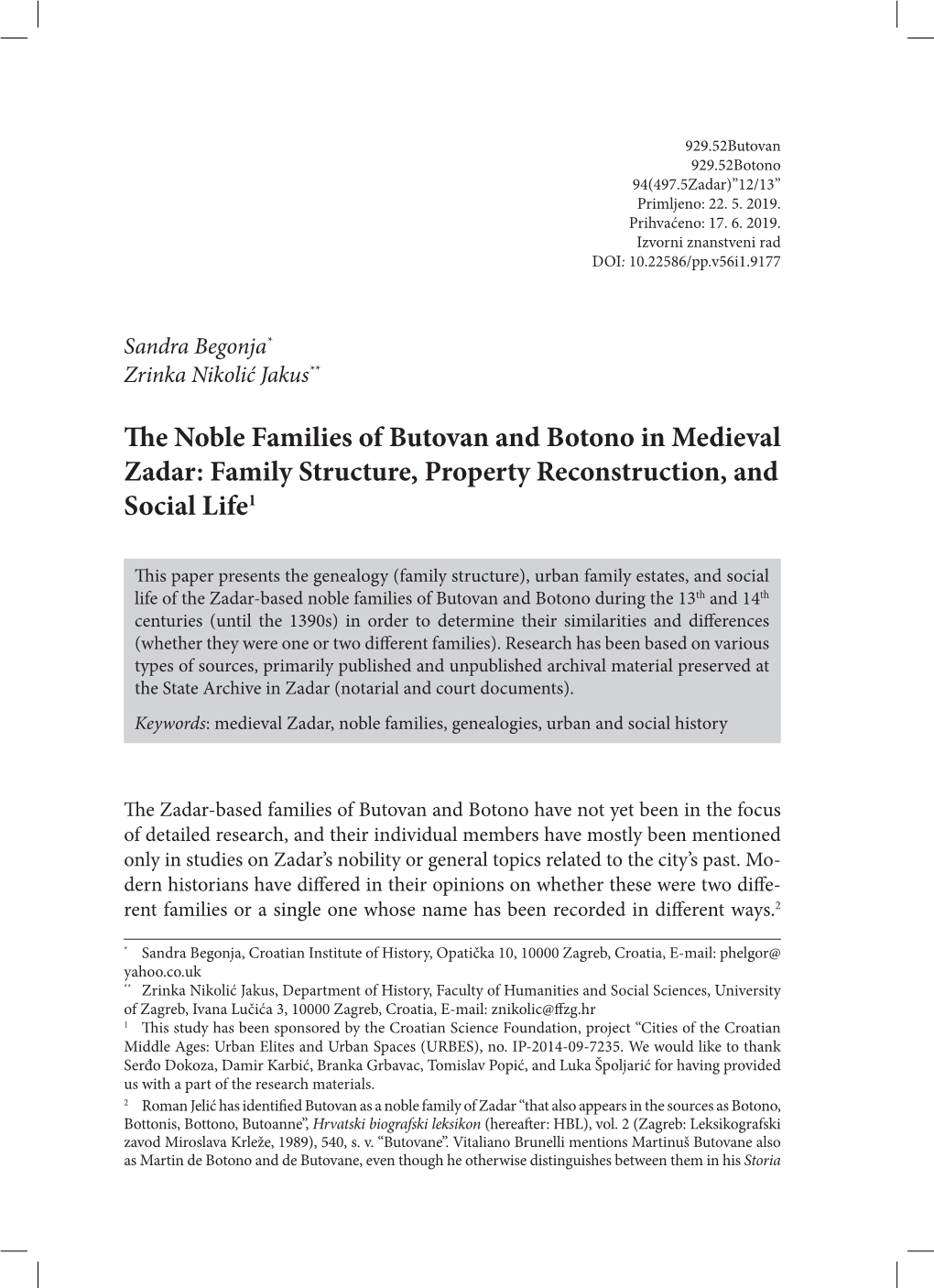 The Noble Families of Butovan and Botono in Medieval Zadar: Family Structure, Property Reconstruction, and Social Life1