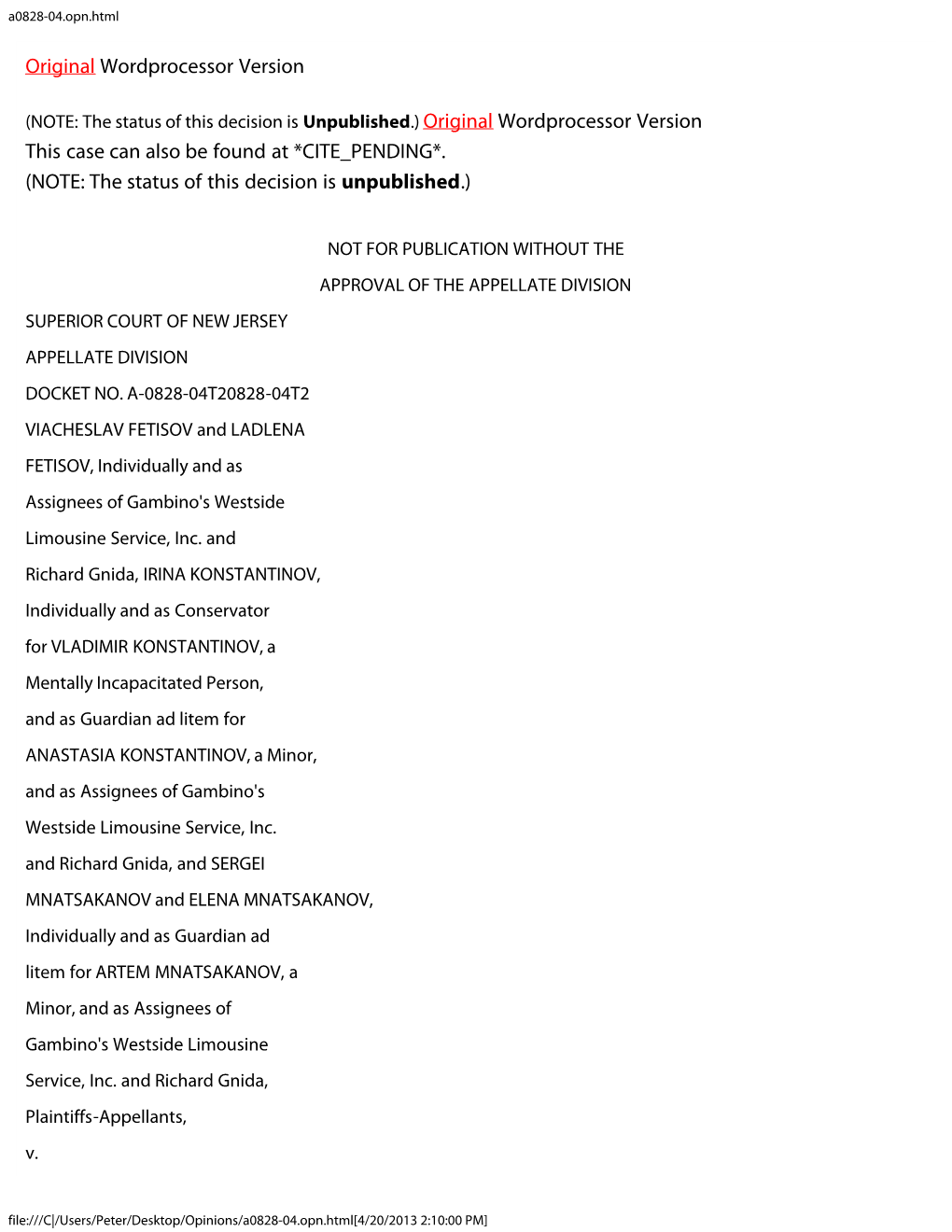 Original Wordprocessor Version This Case Can Also Be Found at *CITE PENDING*