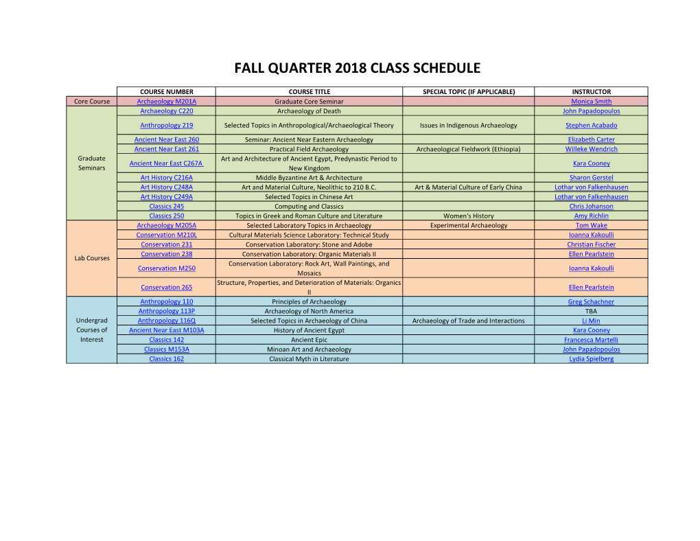 Fall Quarter 2018 Class Schedule