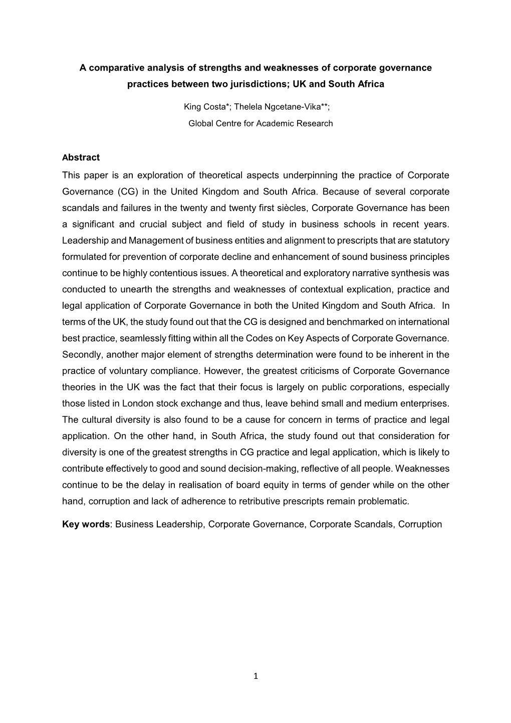 1 a Comparative Analysis of Strengths and Weaknesses of Corporate