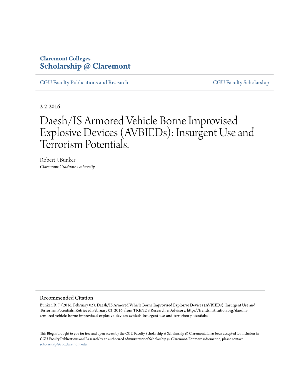 Daesh/IS Armored Vehicle Borne Improvised Explosive Devices (Avbieds): Insurgent Use and Terrorism Potentials