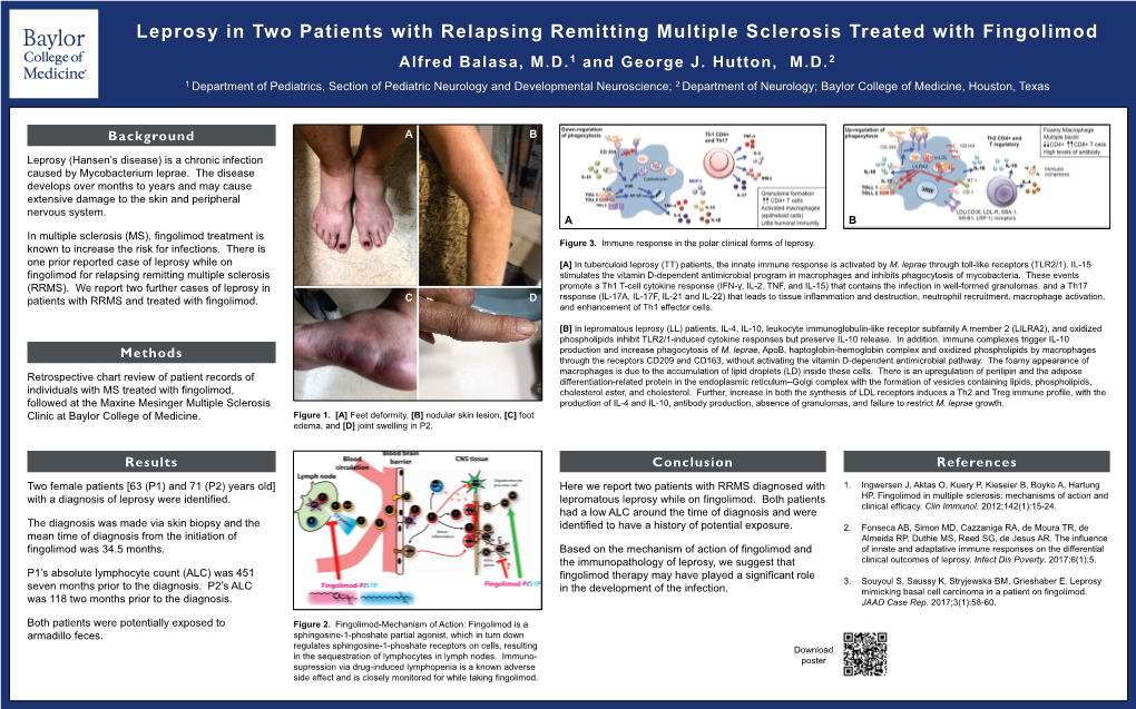 Leprosy in Two Patients with Relapsing Remitting Multiple Sclerosis Treated with Fingolimod Alfred Balasa, M.D.1 and George J