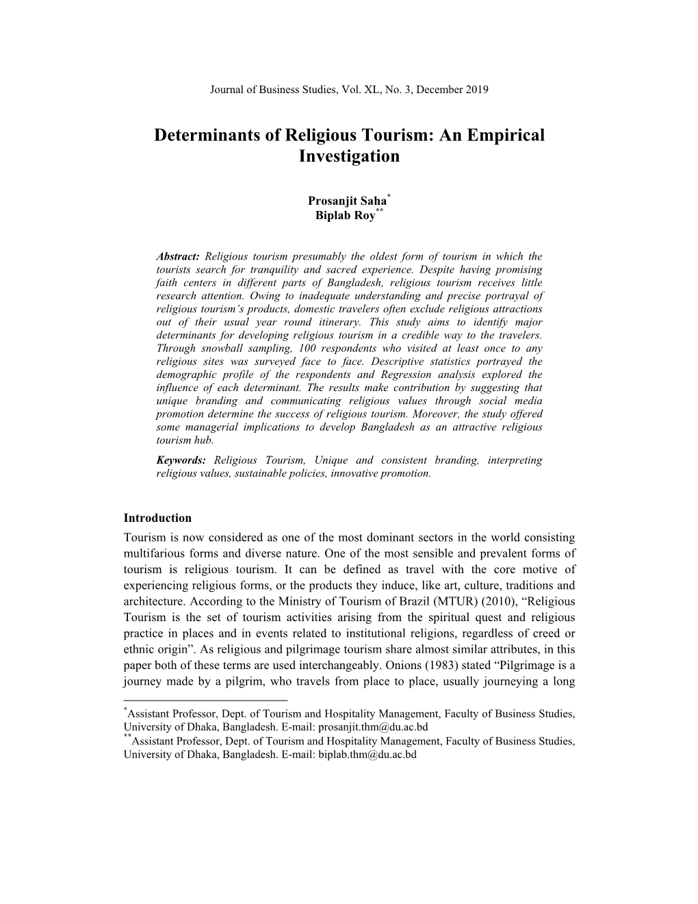 Determinants of Religious Tourism: an Empirical Investigation