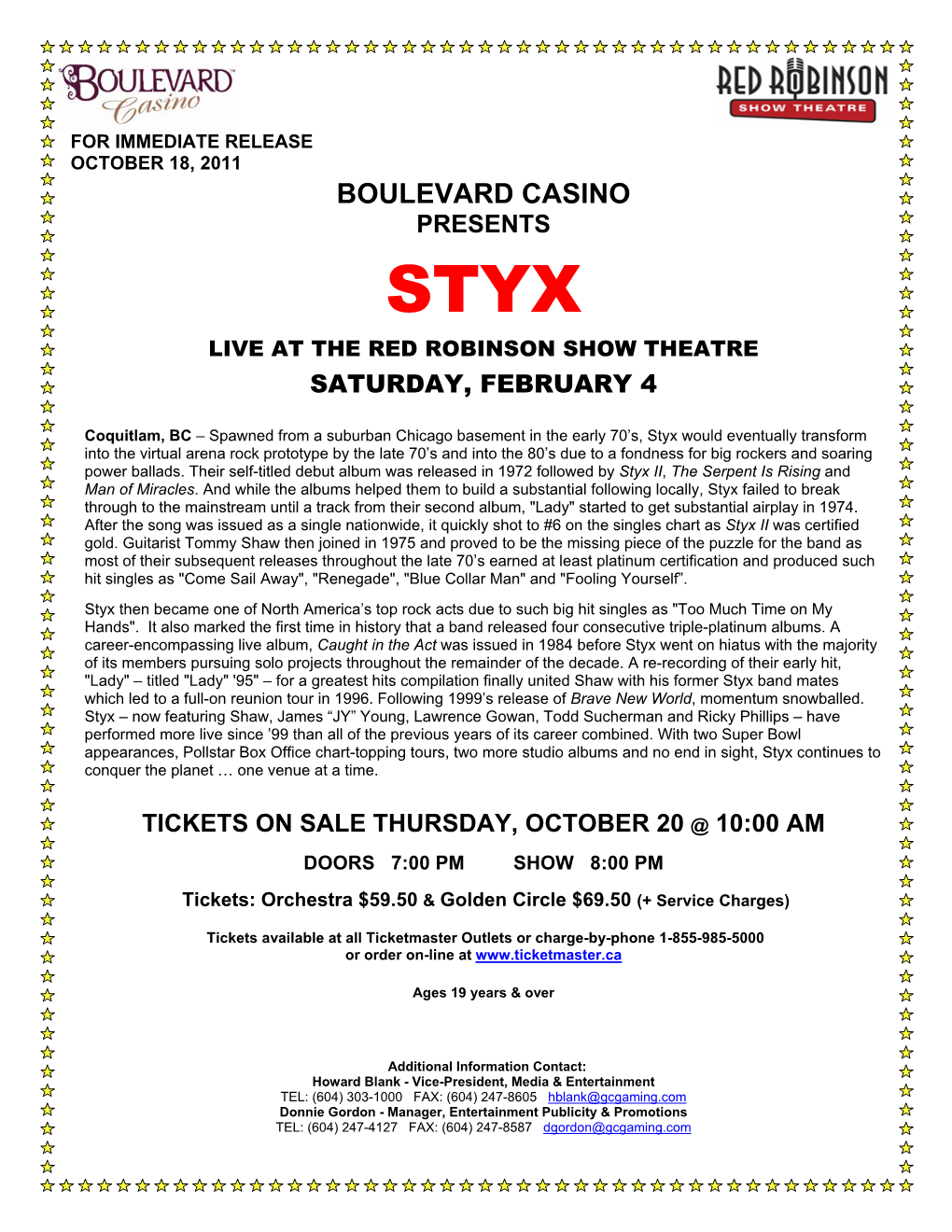 Styx Live at the Red Robinson Show Theatre